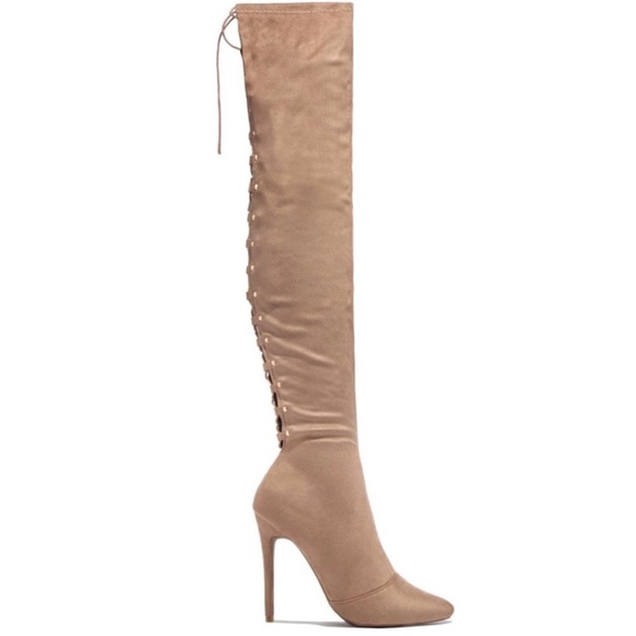 Taupe High Heel Open Back Corset Lace Up Thigh High Boot - Picture 6 of 10